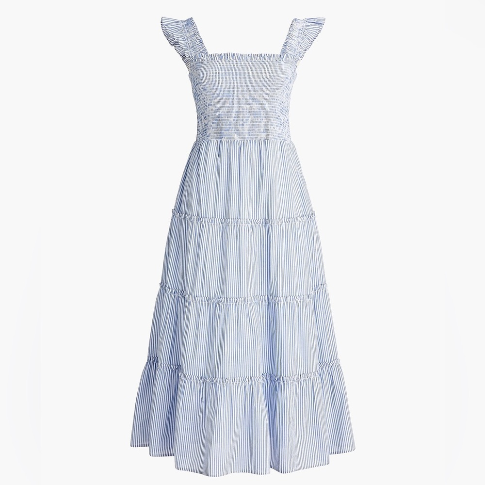 J. Crew Smocked Tiered Midi Dress - Blue & White Stripe - XL